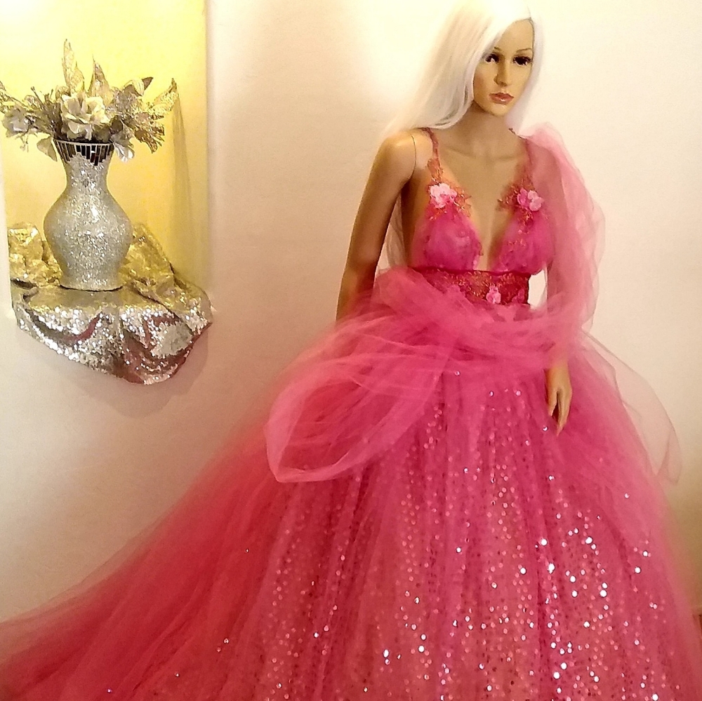YASMINE Pink Tulle Sequin Wedding Ballgown Set - Picture 3 of 10